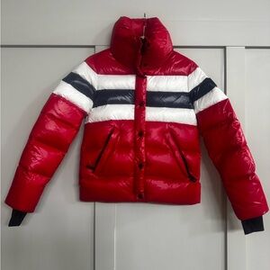 SAM Red and Black Puffer Jacket with Quilted Design